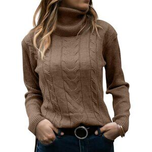 Womens Brown Pull On Cable Knit Turtleneck Long Sleeve Casual Warm Sweaters